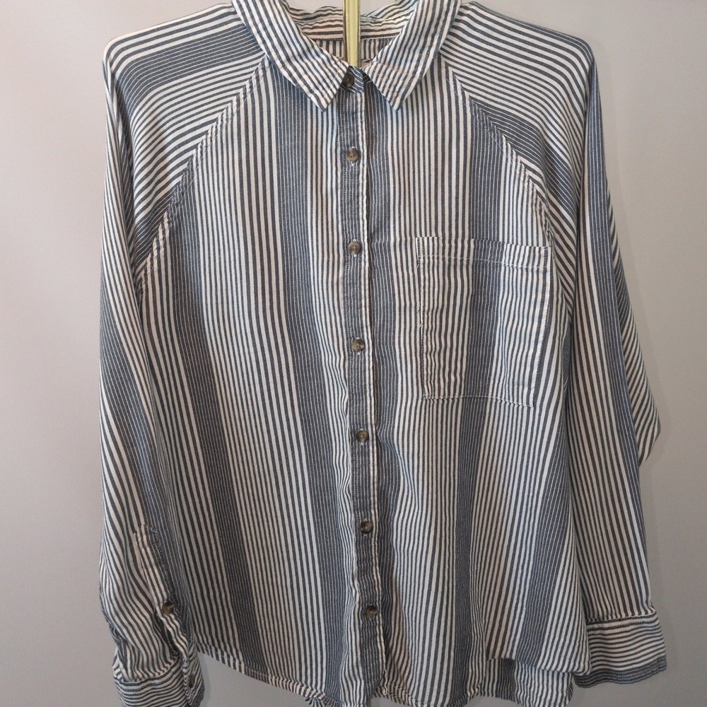 SO Striped Button Down Shirt Womens XL Blue White Cotton Modal Raglan Casual